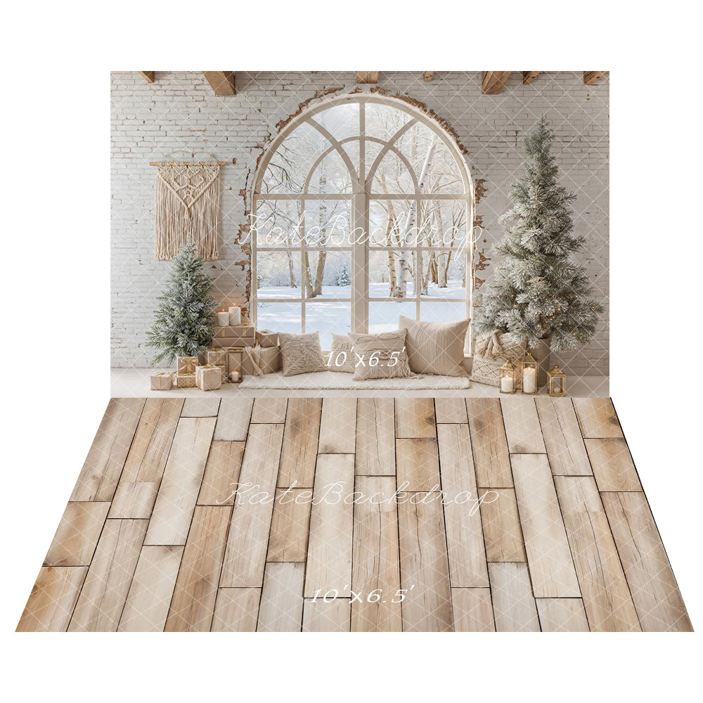 Kate Hiver Bohème Noël Fenêtre Neige Toile de fond+Bois Clair Texture Sol Toile de fond