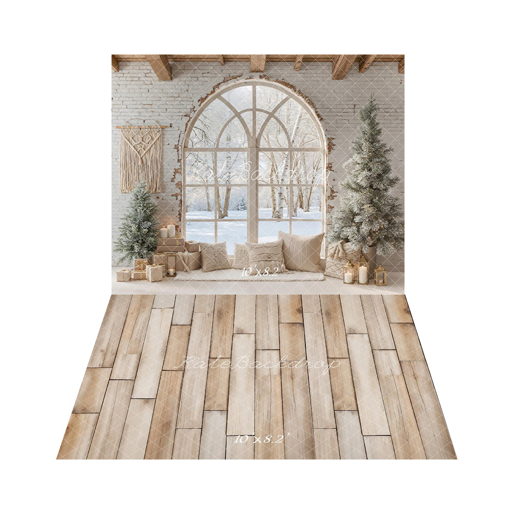 Kate Hiver Bohème Noël Fenêtre Neige Toile de fond+Bois Clair Texture Sol Toile de fond