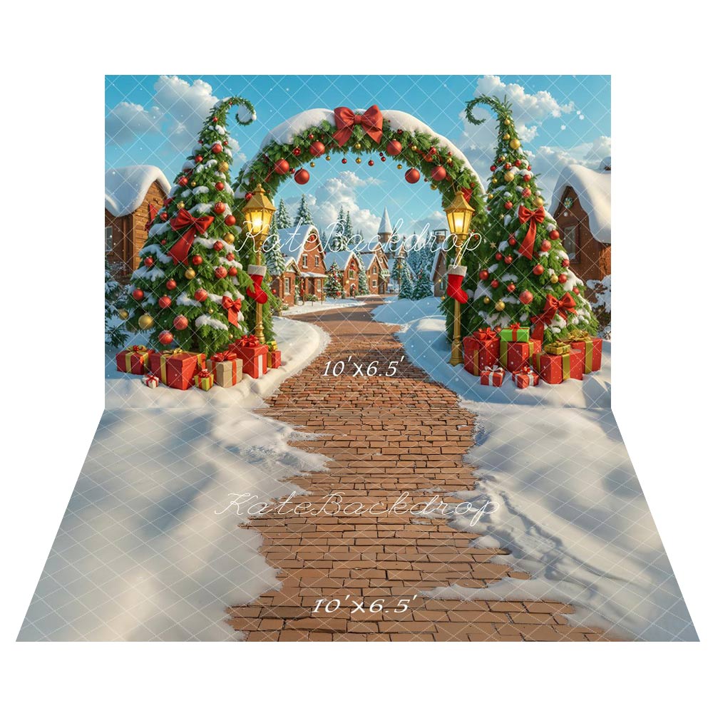 Kate Noël Arche Sapins Cadeaux Toile de fond+Chemin Briques Neige Sol Toile de fond