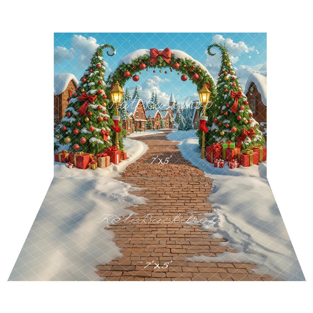 Kate Noël Arche Sapins Cadeaux Toile de fond+Chemin Briques Neige Sol Toile de fond