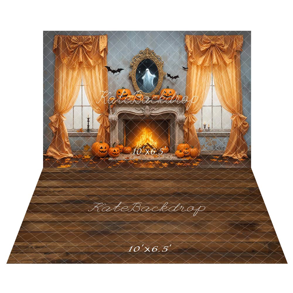 Kate Halloween Cheminée Citrouilles Toile de fond+Brun Sol en bois Toile de fond