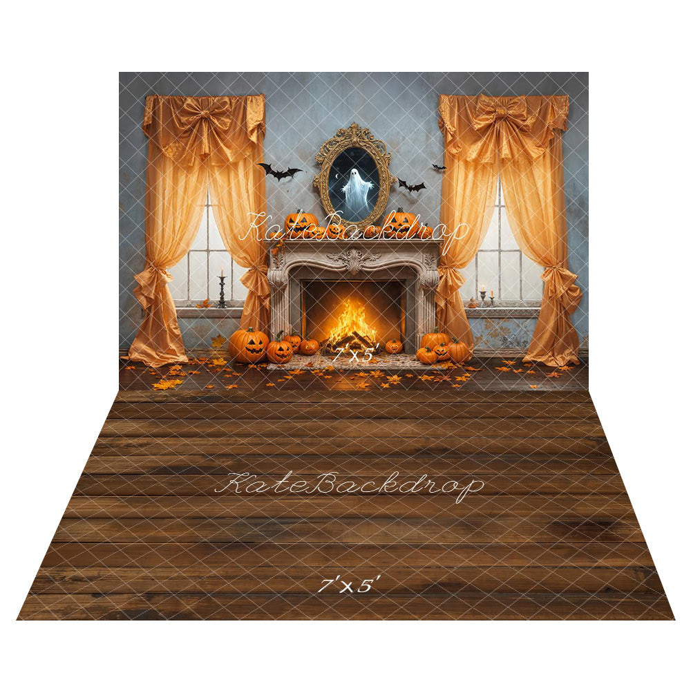 Kate Halloween Cheminée Citrouilles Toile de fond+Brun Sol en bois Toile de fond