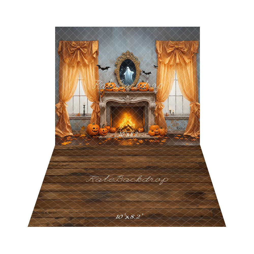 Kate Halloween Cheminée Citrouilles Toile de fond+Brun Sol en bois Toile de fond