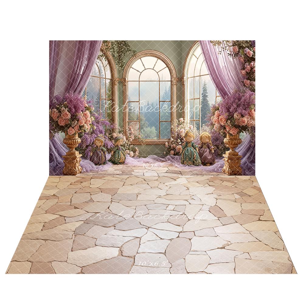 Kate Fenêtre Fleur Poupées Violet Toile de fond+Pierre Beige Texture Sol Toile de fond