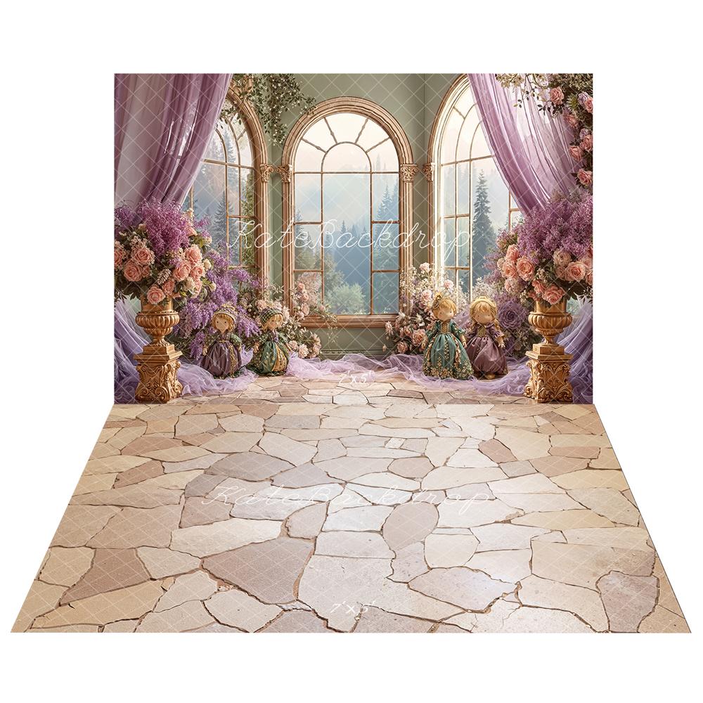 Kate Fenêtre Fleur Poupées Violet Toile de fond+Pierre Beige Texture Sol Toile de fond