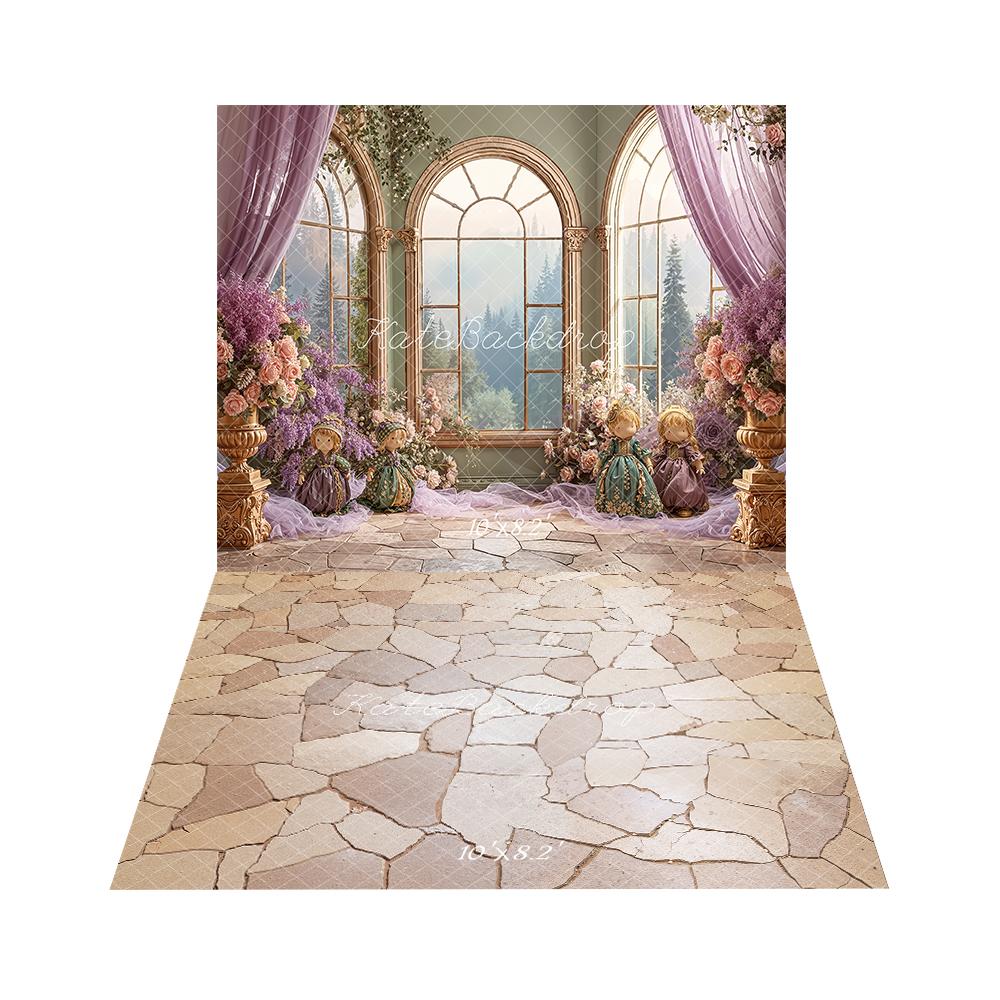 Kate Fenêtre Fleur Poupées Violet Toile de fond+Pierre Beige Texture Sol Toile de fond