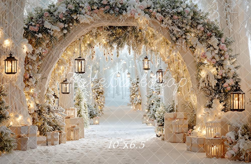 Kate Noël Hiver Fleurs Arche Lanternes Neige Toile de fond conçue par Emetselch - Kate Backdrop FR