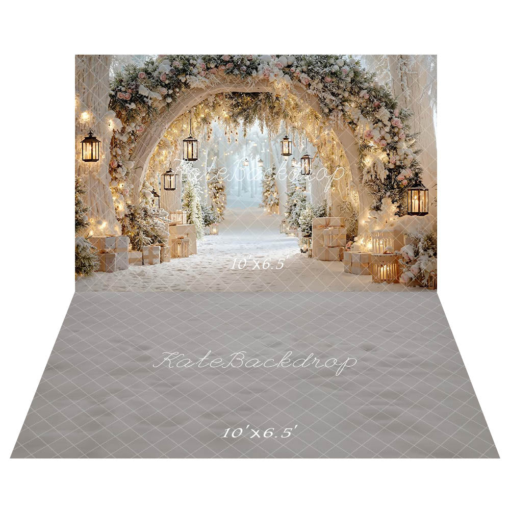 Kate Hiver Fleurs Arche Lanternes Neige Toile de fond+Neige Gris Texture Sol Toile de fond - Kate Backdrop FR