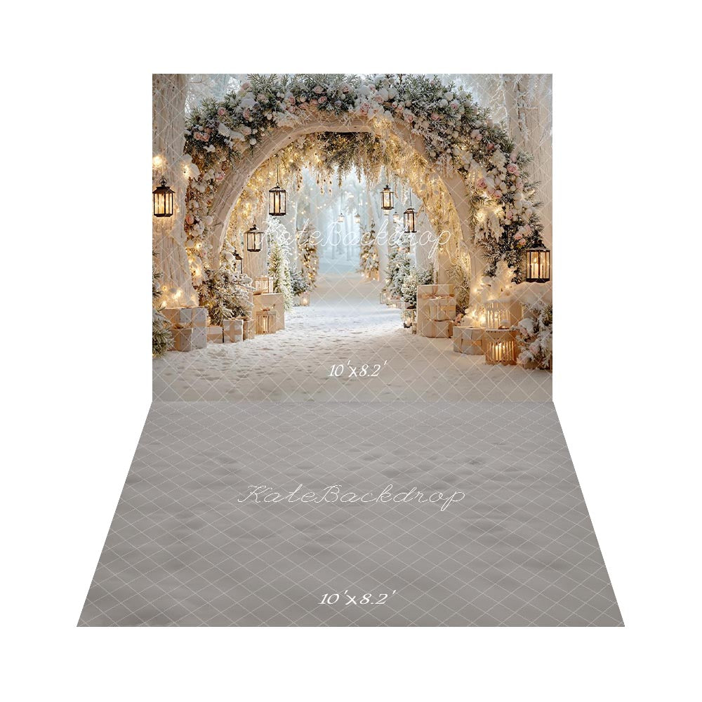 Kate Hiver Fleurs Arche Lanternes Neige Toile de fond+Neige Gris Texture Sol Toile de fond - Kate Backdrop FR