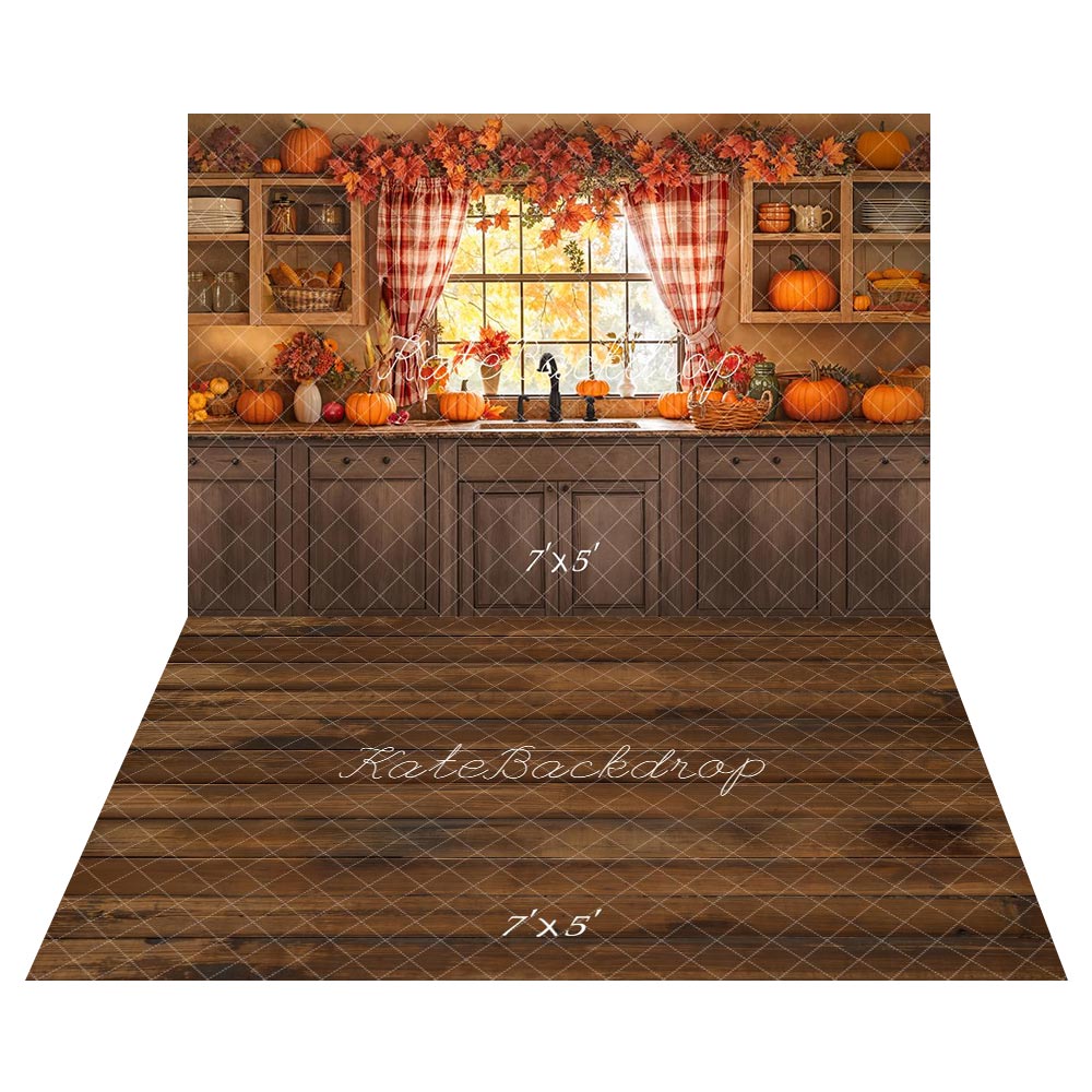 Kate Automne Cuisine Citrouilles Fenêtre Toile de fond+Brun Sol en bois Toile de fond
