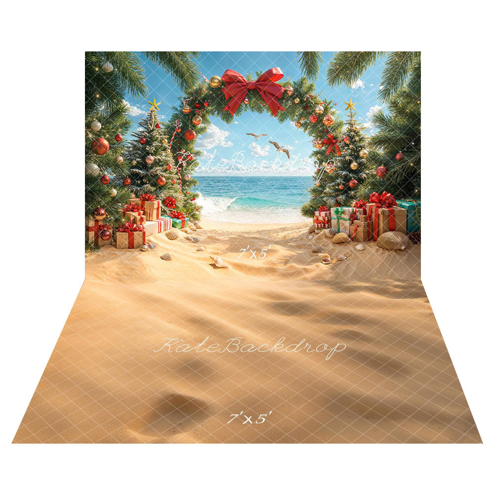 Kate Noël Plage Sapin Cadeaux Arc Toile de fond+Beige Sable Texture Sol Toile de fond