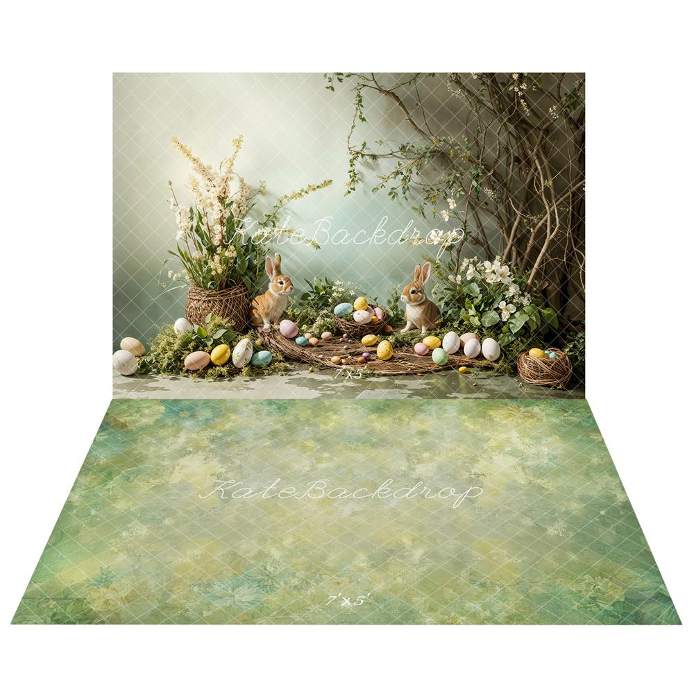 Kate Pâques Lapins Œufs Branches Fleurs Toile de fond+Floral Vert Abstrait Sol Toile de fond