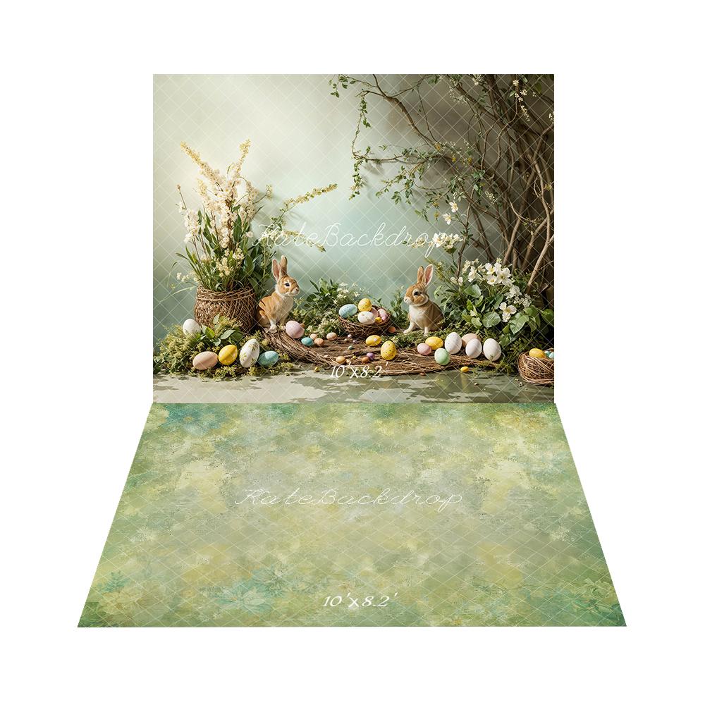 Kate Pâques Lapins Œufs Branches Fleurs Toile de fond+Floral Vert Abstrait Sol Toile de fond