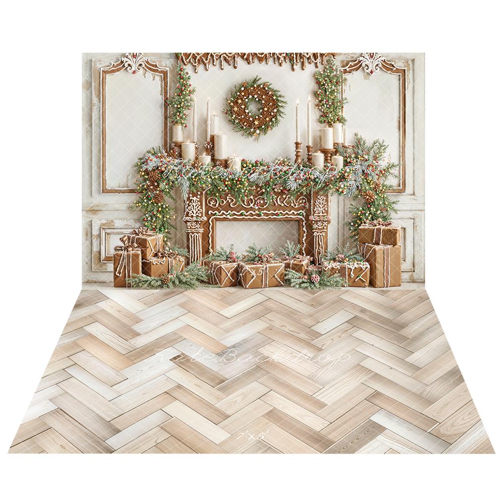 Kate Noël Cheminée Pain d'Épice Cadeaux Toile de fond+Bois Parquet Clair Sol Toile de fond