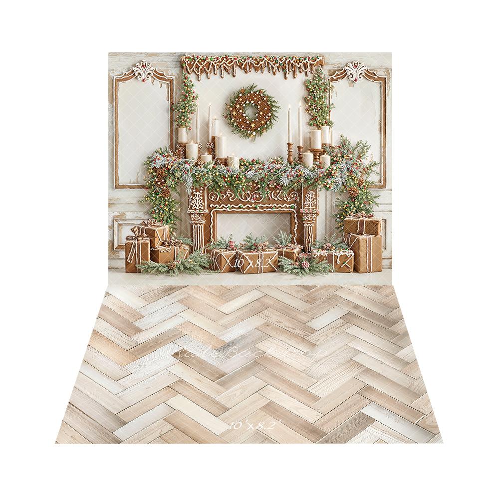 Kate Noël Cheminée Pain d'Épice Cadeaux Toile de fond+Bois Parquet Clair Sol Toile de fond