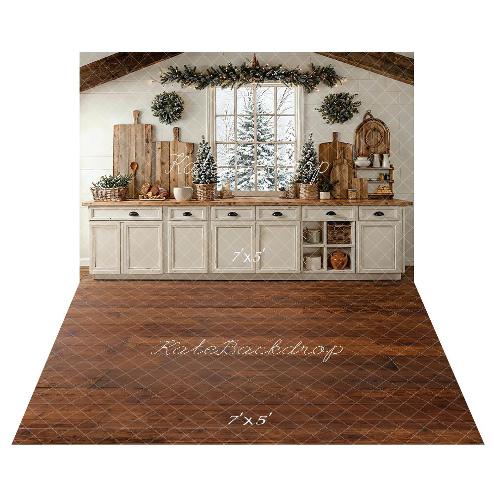 Kate Noël Cuisine Fenêtre Placard Toile de fond+Bois Texture Brun Sol Toile de fond