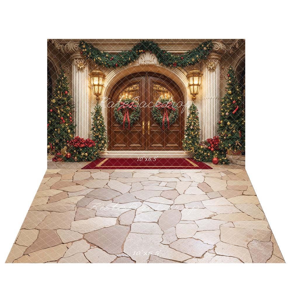 Kate Noël Entrée Sapins Porte Vintage Toile de fond+Pierre Beige Texture Sol Toile de fond