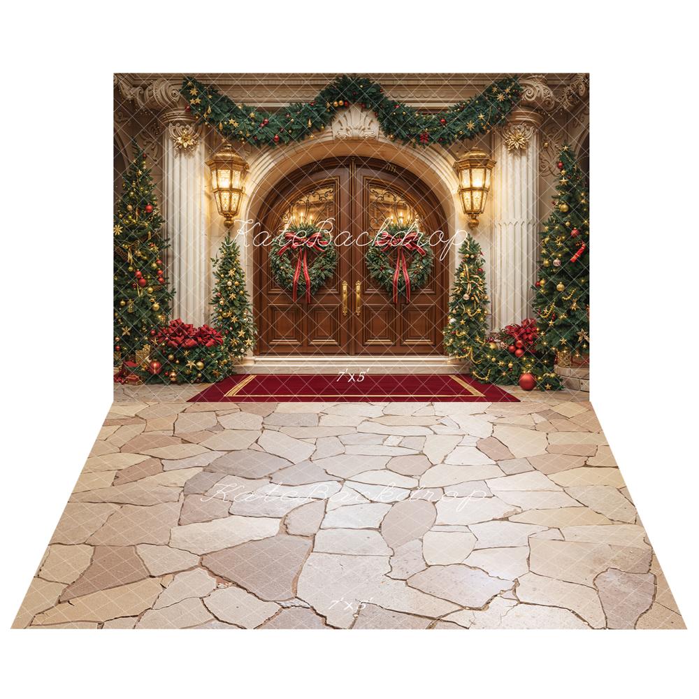 Kate Noël Entrée Sapins Porte Vintage Toile de fond+Pierre Beige Texture Sol Toile de fond