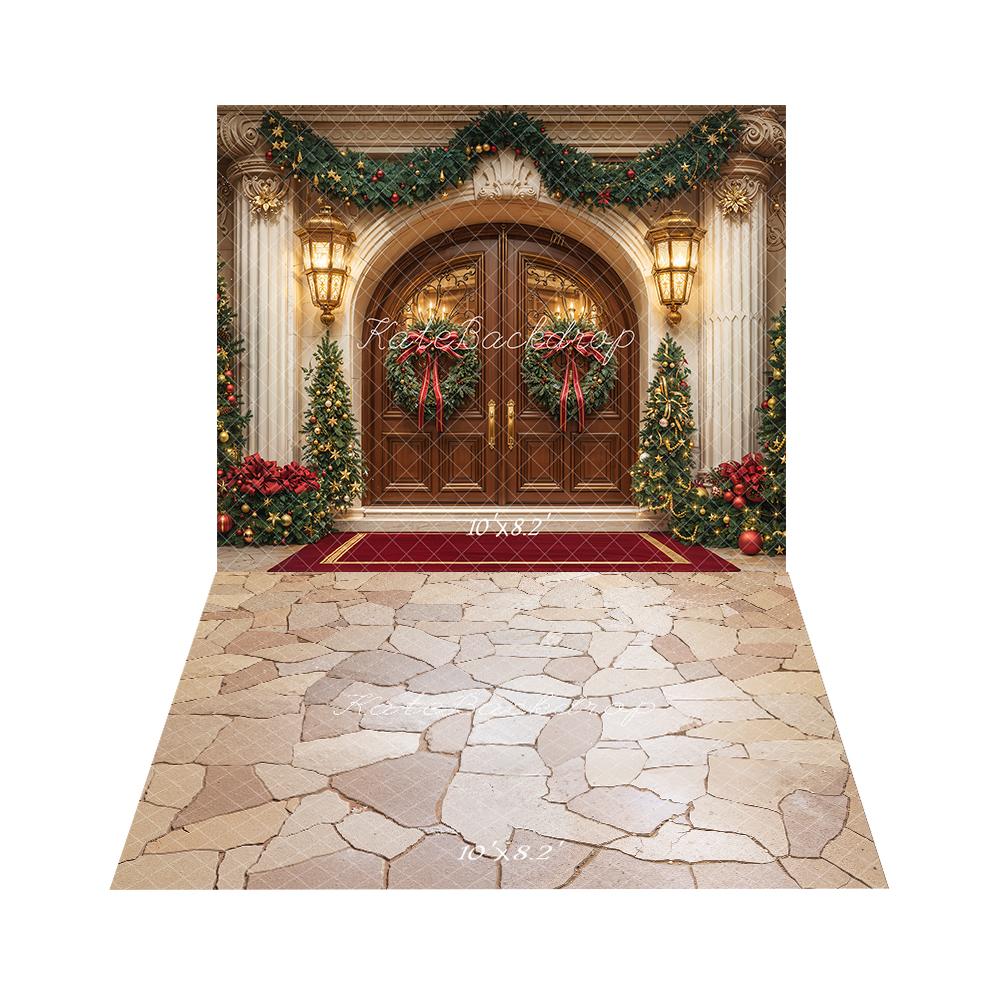 Kate Noël Entrée Sapins Porte Vintage Toile de fond+Pierre Beige Texture Sol Toile de fond