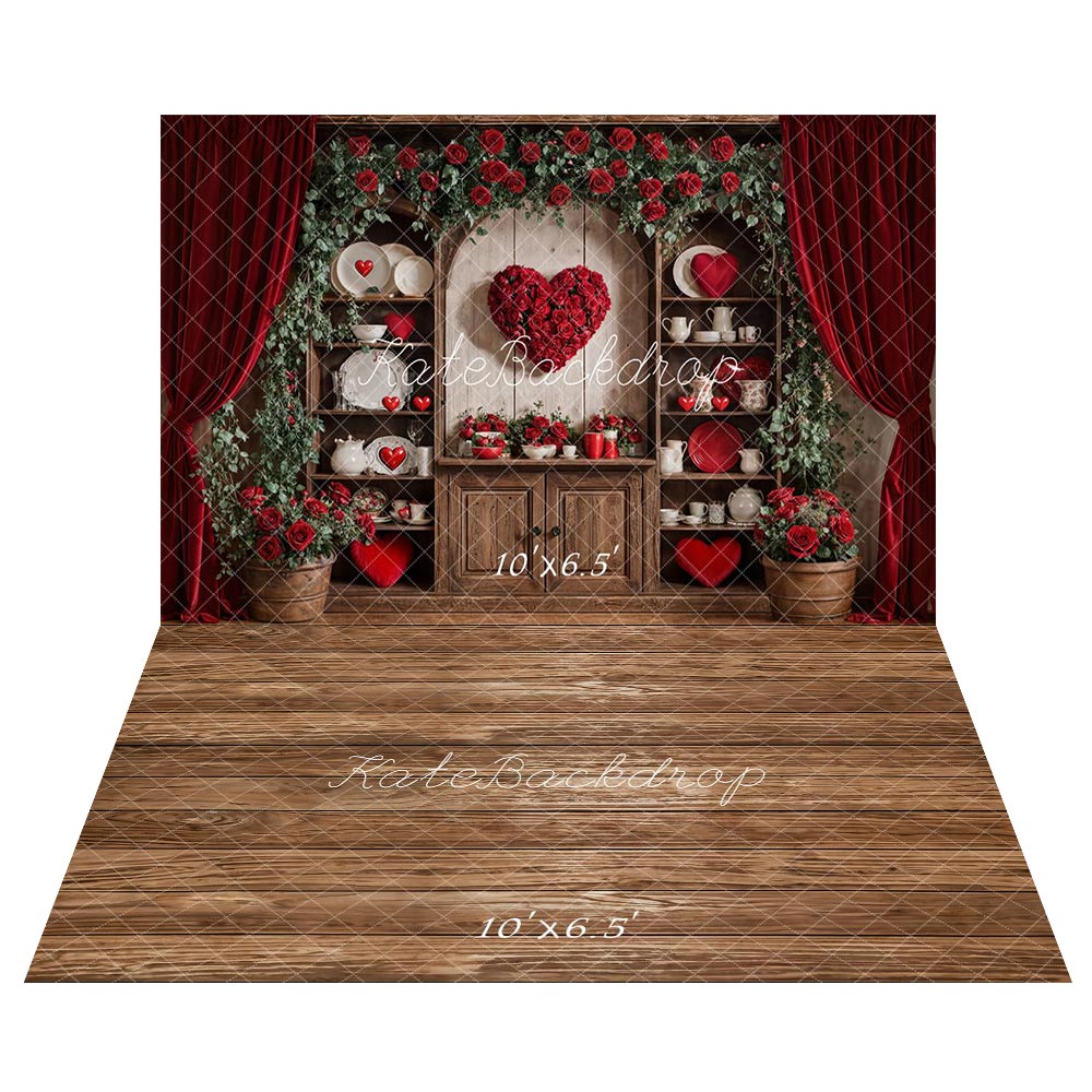 Kate Saint Valentin Roses Coeur Vaisselle Toile de fond+Bois Texture Brun Sol Toile de fond
