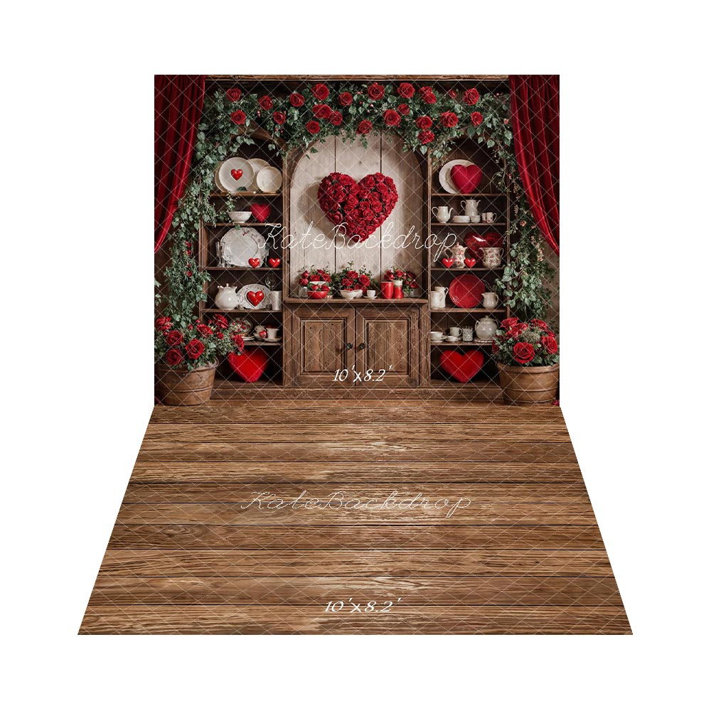 Kate Saint Valentin Roses Coeur Vaisselle Toile de fond+Bois Texture Brun Sol Toile de fond