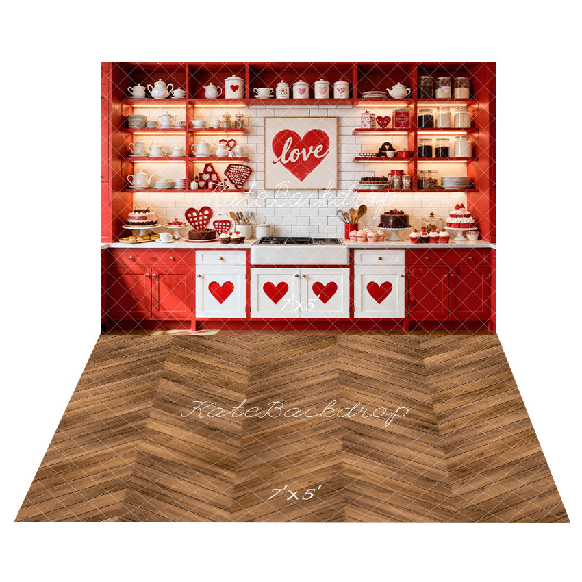 Kate Saint Valentin Cuisine Rouge Cœurs Toile de fond+Bois Chevron Marron Sol Toile de fond