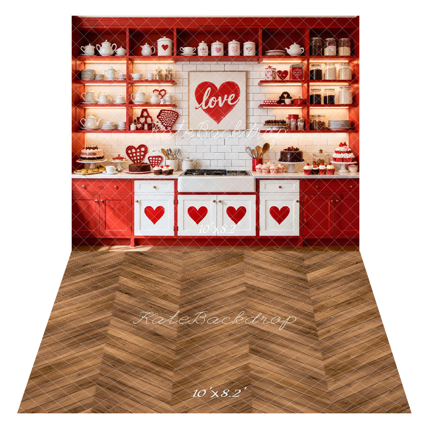 Kate Saint Valentin Cuisine Rouge Cœurs Toile de fond+Bois Chevron Marron Sol Toile de fond