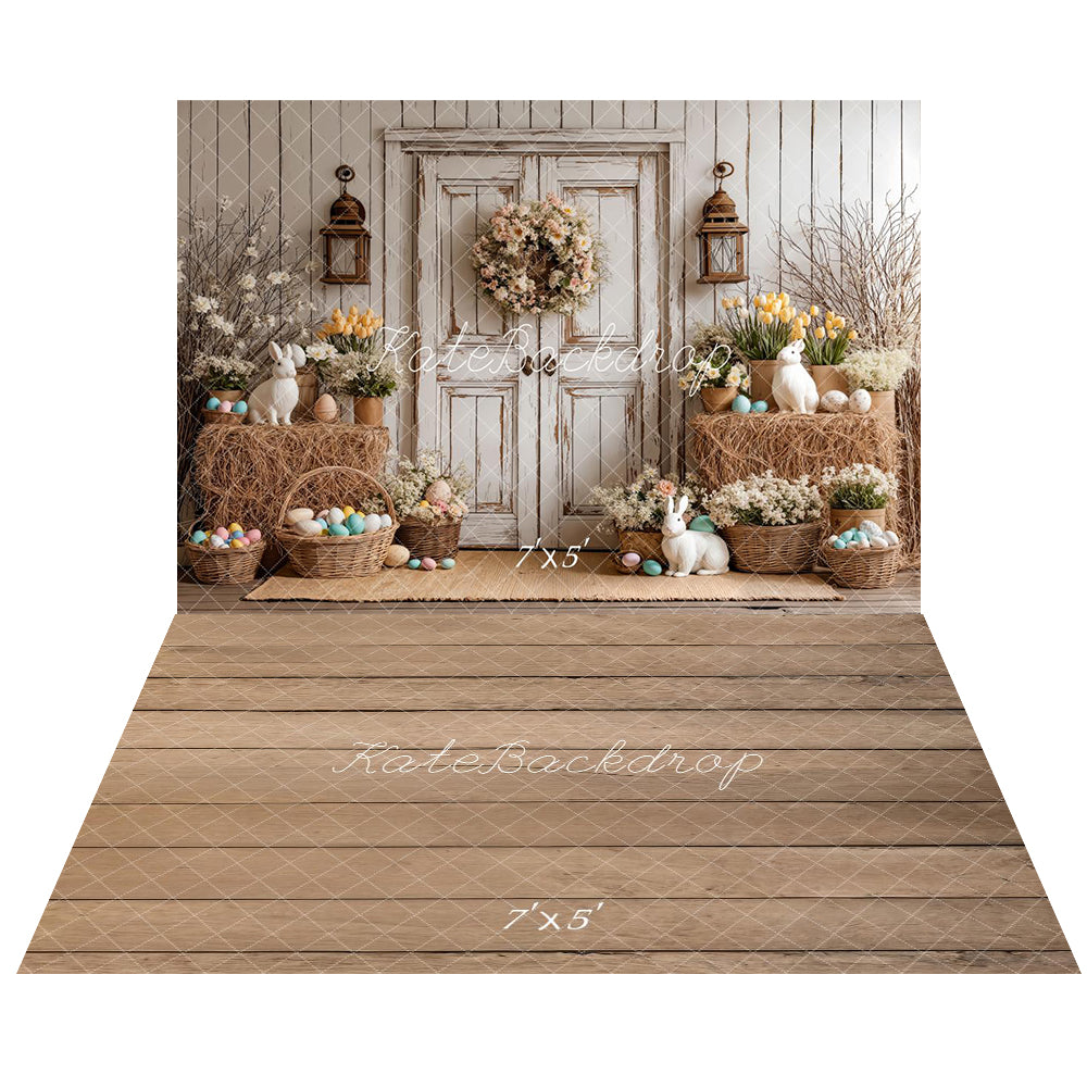 Kate Pâques Lapin Fleurs Porte Toile de fond+Bois Planches Brun Sol Toile de fond