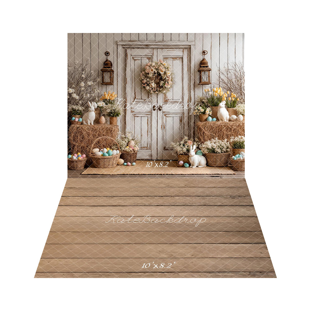 Kate Pâques Lapin Fleurs Porte Toile de fond+Bois Planches Brun Sol Toile de fond