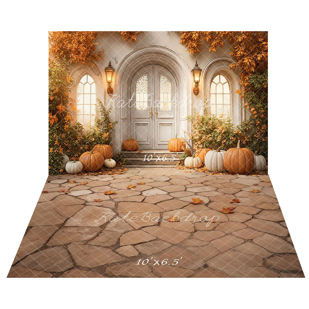 Kate Automne Citrouilles Feuillage Porte Toile de fond+Feuilles Pierre Sol Toile de fond