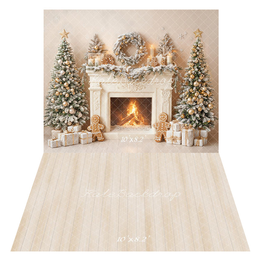 Kate Noël Cheminée Sapins Pain d'épice Toile de fond+Bois Beige Texture Sol Toile de fond