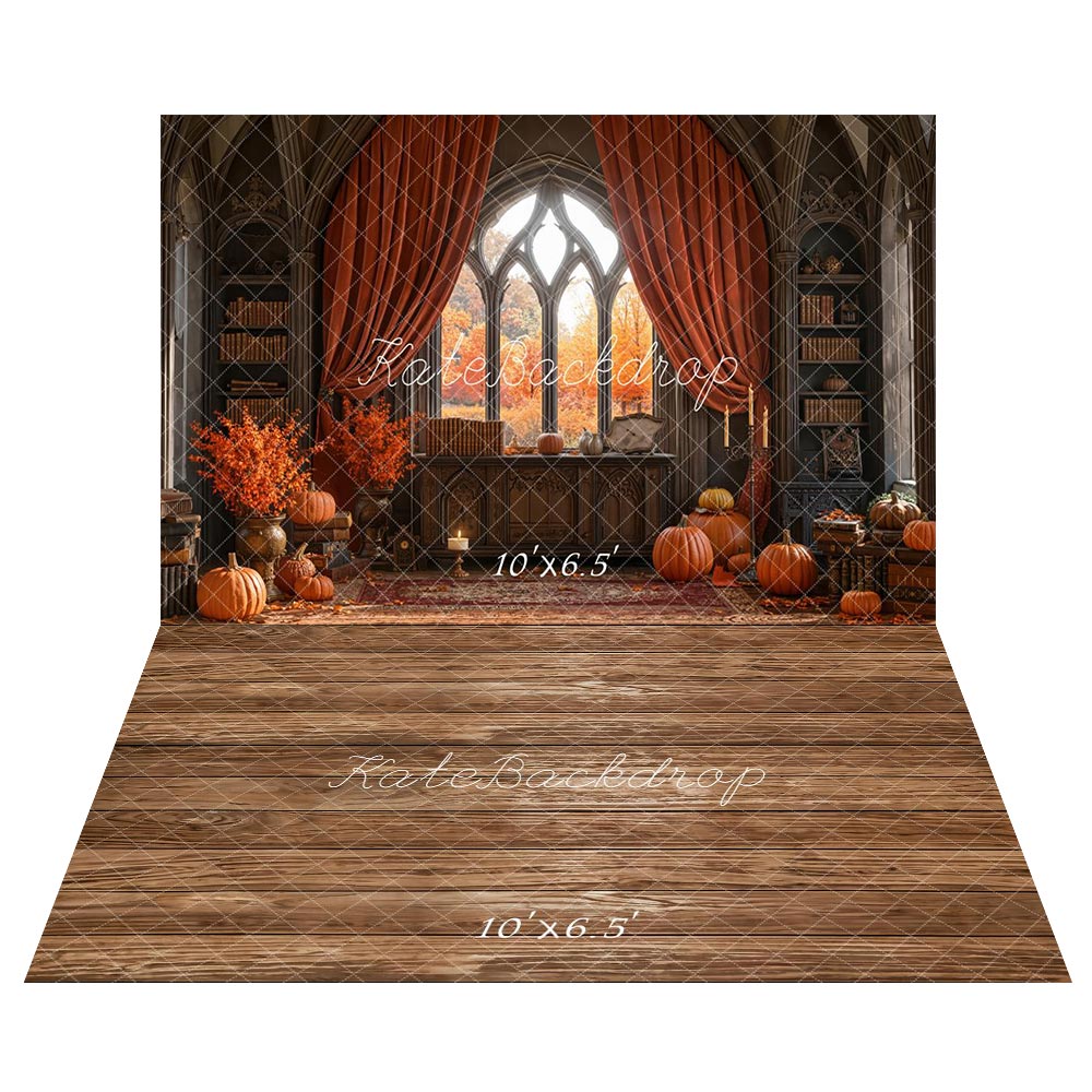 Kate Automne Bibliothèque Citrouilles Gothique Toile de fond+Bois Texture Brun Sol Toile de fond - Kate Backdrop FR