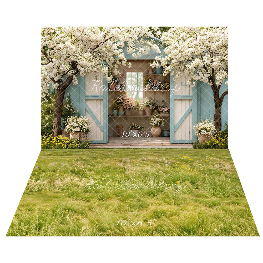 Kate Printemps Maison Fleurs Arbres Toile de fond+Prairie Herbe Fleurs Sol Toile de fond - Kate Backdrop FR