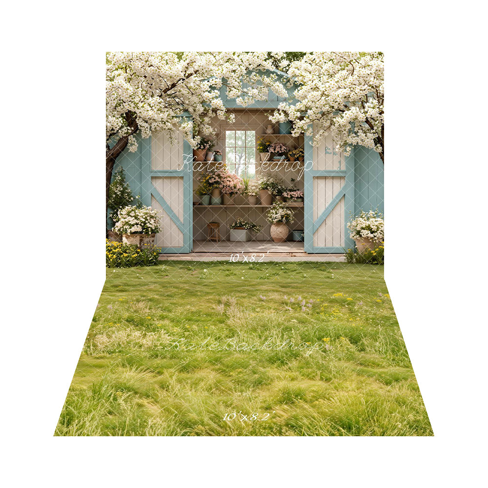 Kate Printemps Maison Fleurs Arbres Toile de fond+Prairie Herbe Fleurs Sol Toile de fond - Kate Backdrop FR
