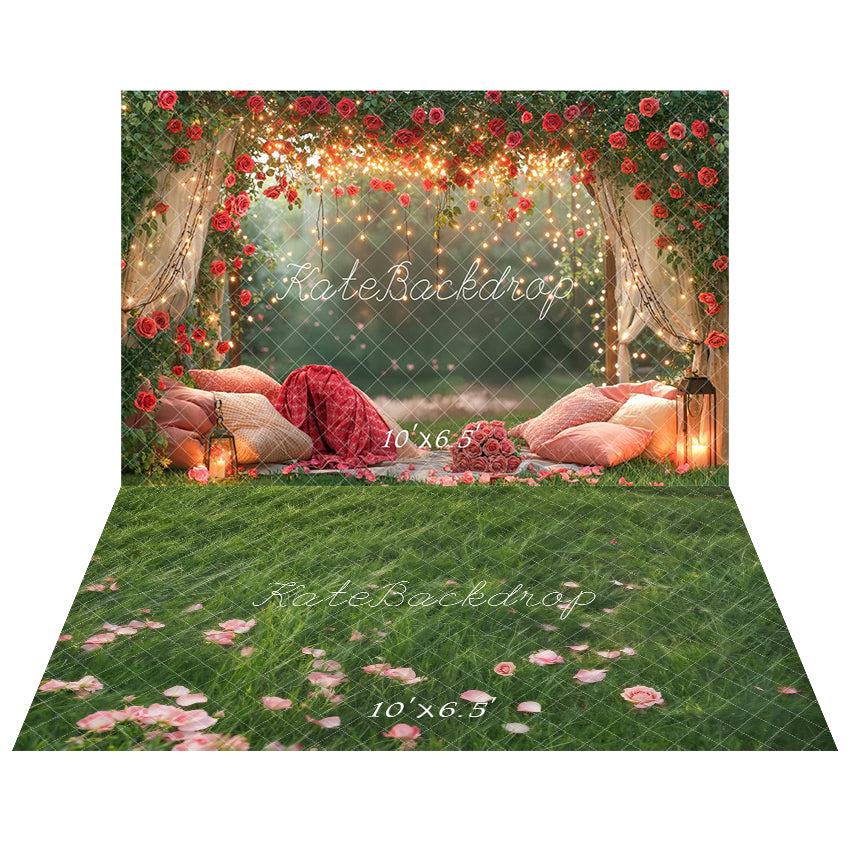 Kate Saint Valentin Lumières Coussin Toile de fond+Herbe Pétales Roses Sol Toile de fond - Kate Backdrop FR