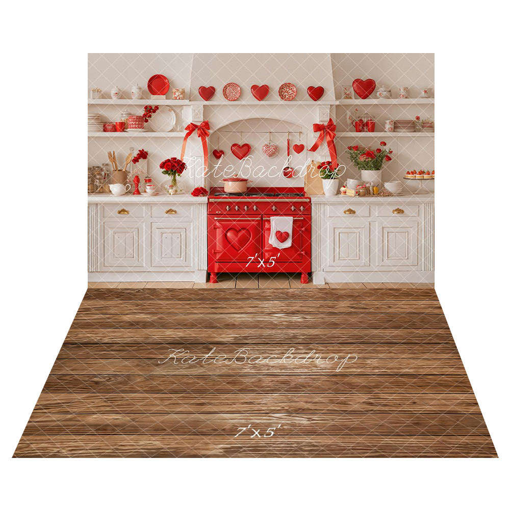 Kate Saint Valentin Cuisine Cœurs Toile de fond+Bois Texture Brun Sol Toile de fond