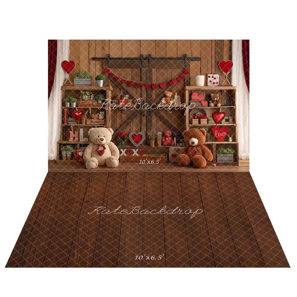 Kate Saint Valentin Ours Coeurs Bois Toile de fond+Marron foncé Bois Sol Toile de fond