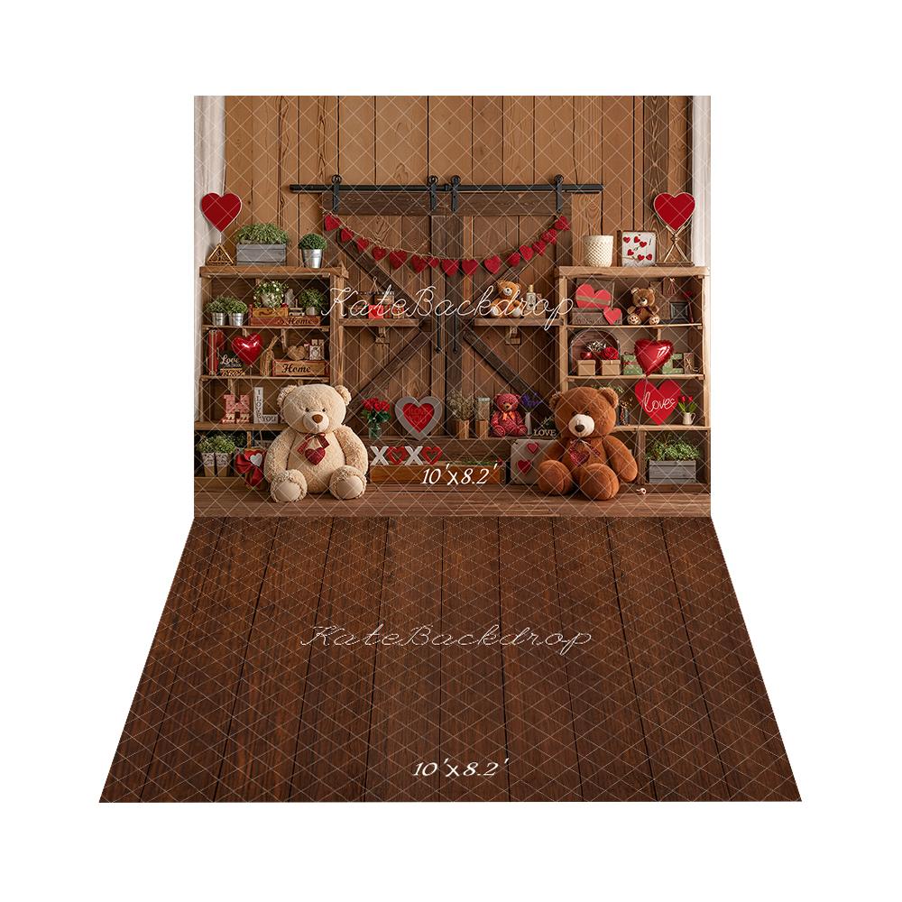 Kate Saint Valentin Ours Coeurs Bois Toile de fond+Marron foncé Bois Sol Toile de fond