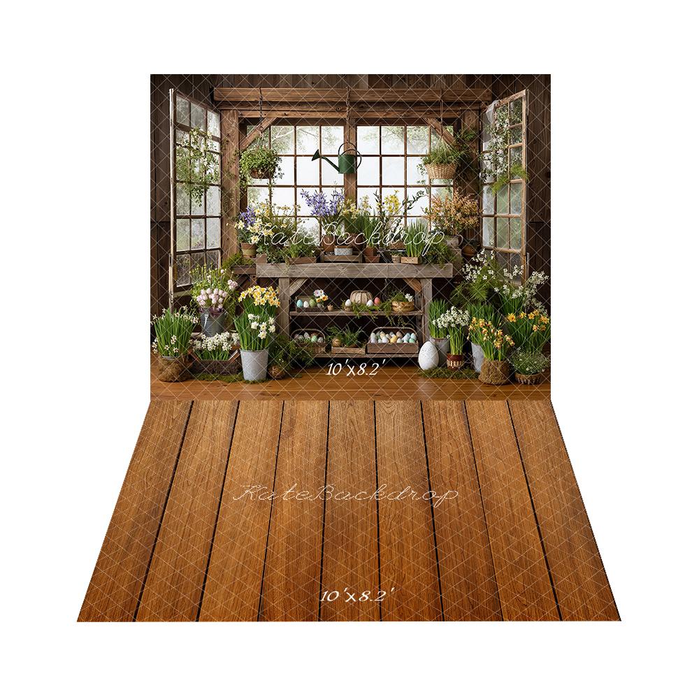 Kate Printemps Fenêtre Fleurs Œufs Toile de fond+Brun Bois Rustique Sol Toile de fond