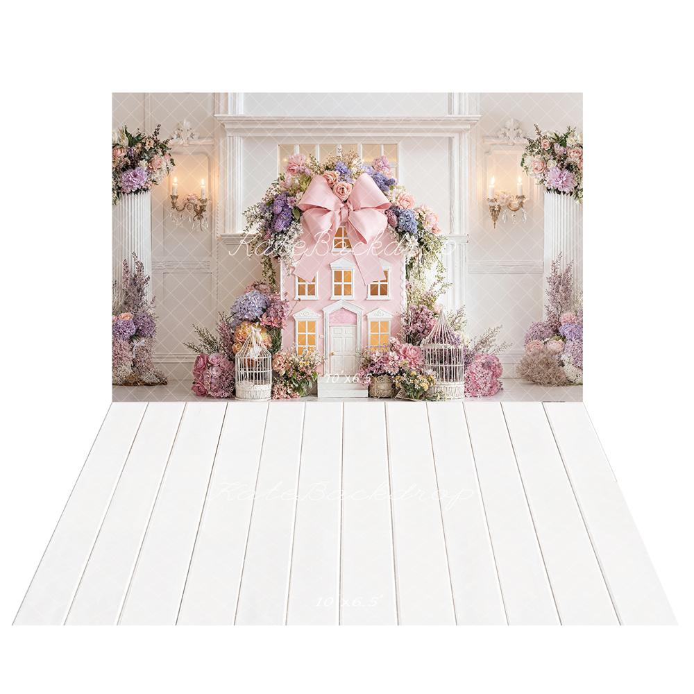 Kate Maison Rose Fleurs Cage Princesse Toile de fond+Blanc Plancher en Bois Sol Toile de fond