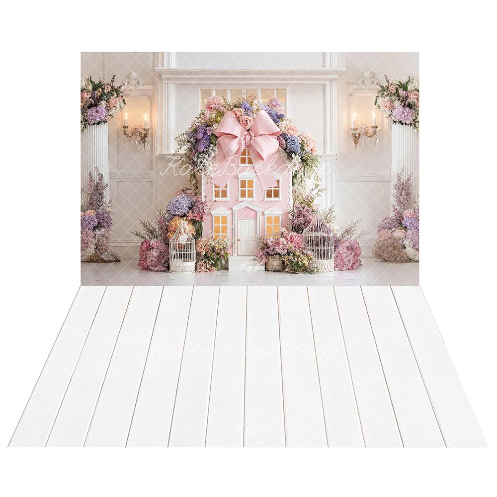 Kate Maison Rose Fleurs Cage Princesse Toile de fond+Blanc Plancher en Bois Sol Toile de fond