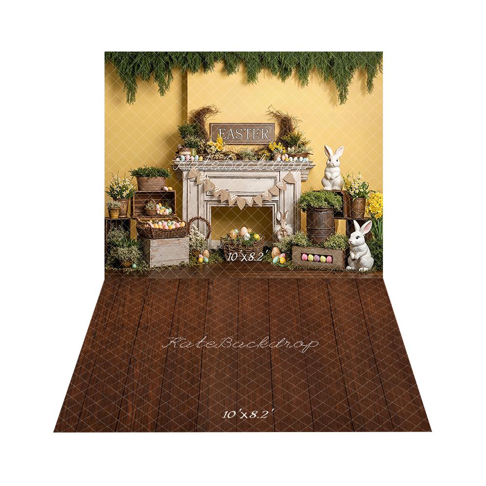 Kate Pâques Lapin Œufs Cheminée Toile de fond+Marron Parquet Bois Sol Toile de fond
