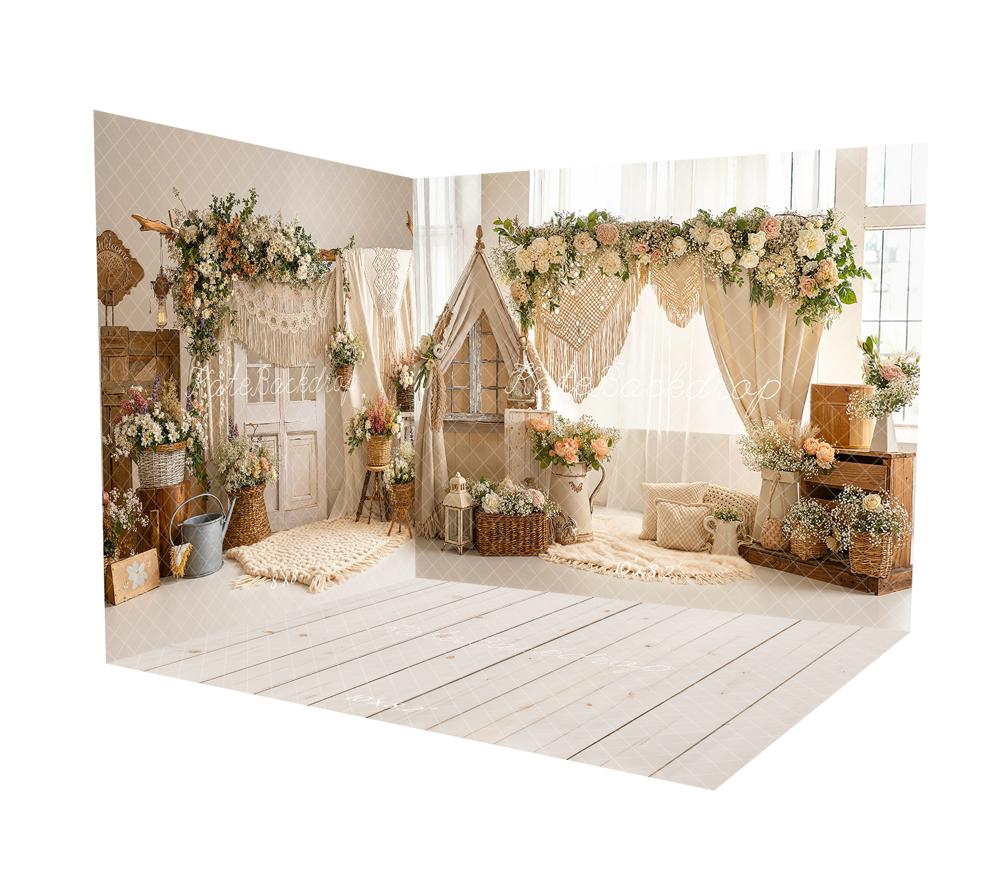 Kate Bohème Fleurs Tente Paniers Macramé Beige Ensemble de chambre