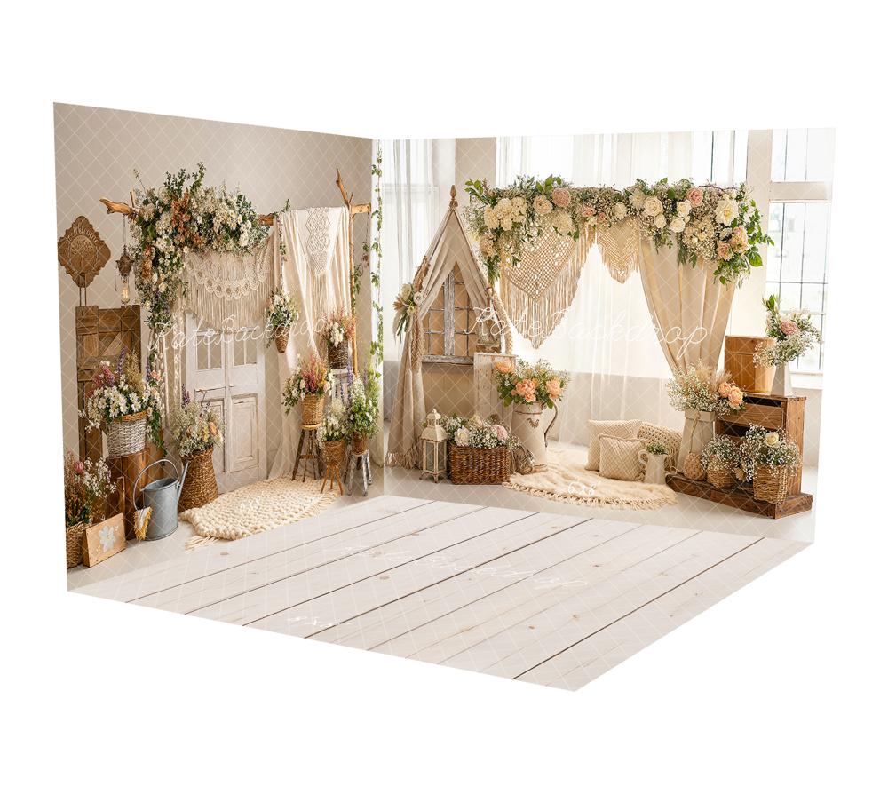 Kate Bohème Fleurs Tente Paniers Macramé Beige Ensemble de chambre