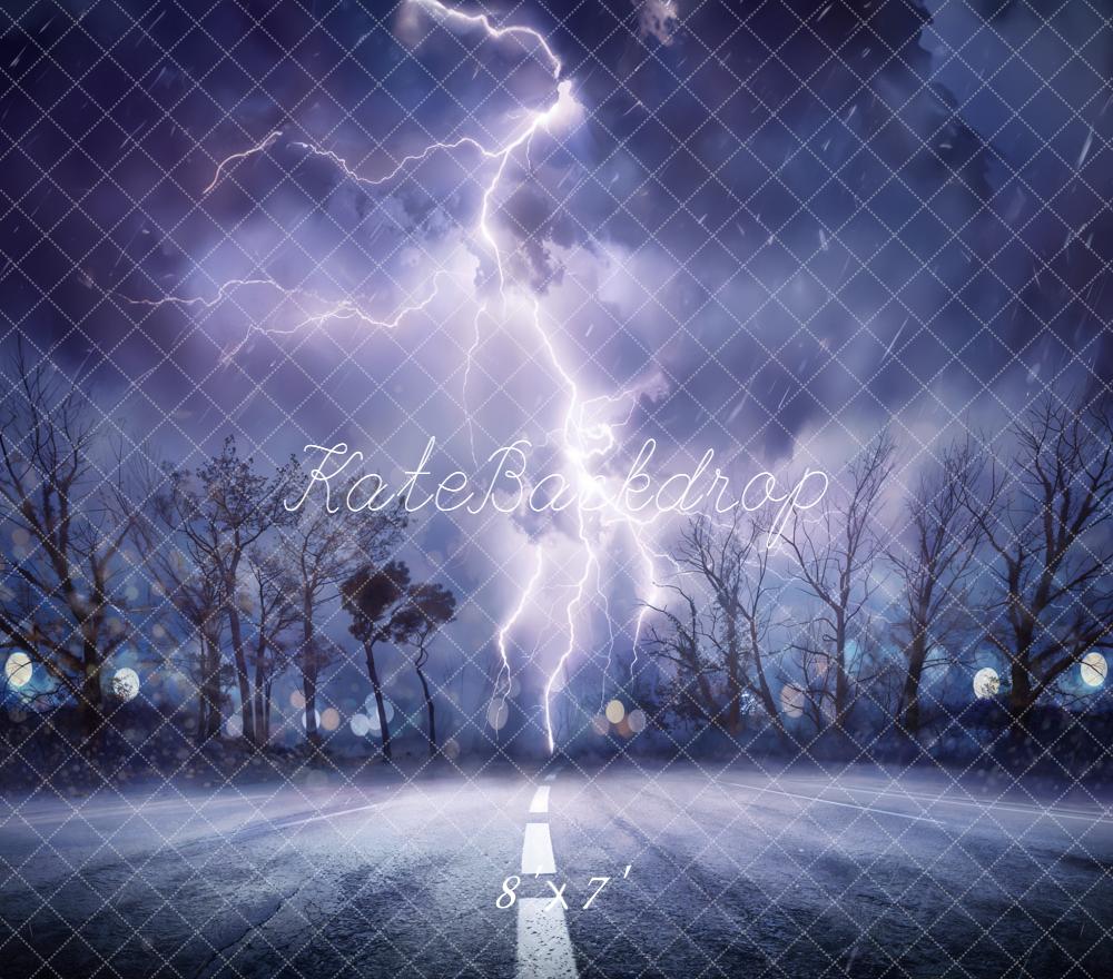 Kate Halloween Nuit Éclair Route Arbres Fond en Vinyle - Kate Backdrop FR