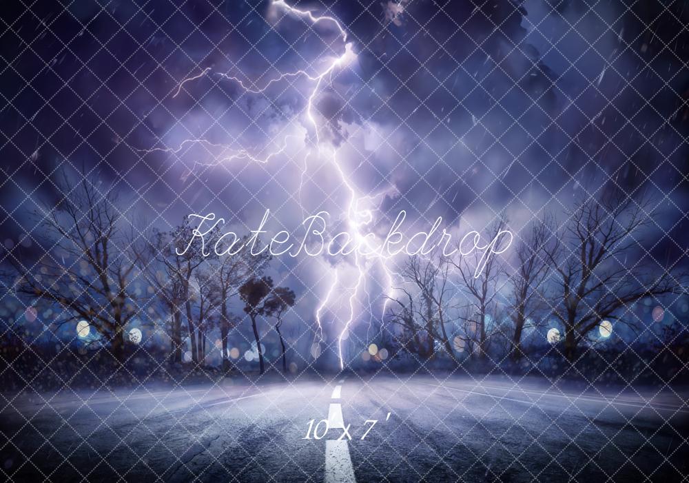 Kate Halloween Nuit Éclair Route Arbres Fond en Vinyle - Kate Backdrop FR