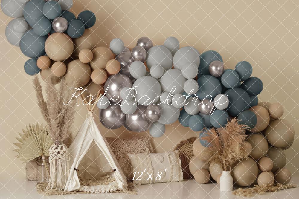 Offres Éclair-Kate Tente Boho Ballons Bleu & Brun Toile de fond en Laine conçue par Mandy Ringe - Kate Backdrop FR
