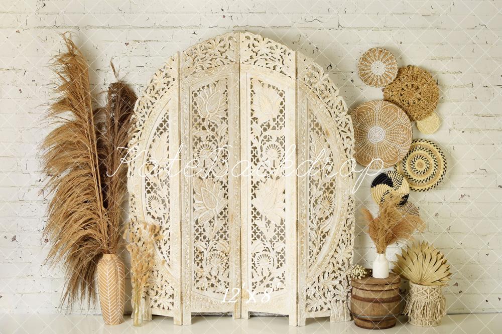 Kate Boho Herbe des pampas Beige Toile de fond en Laine conçue par Mandy Ringe - Kate Backdrop FR