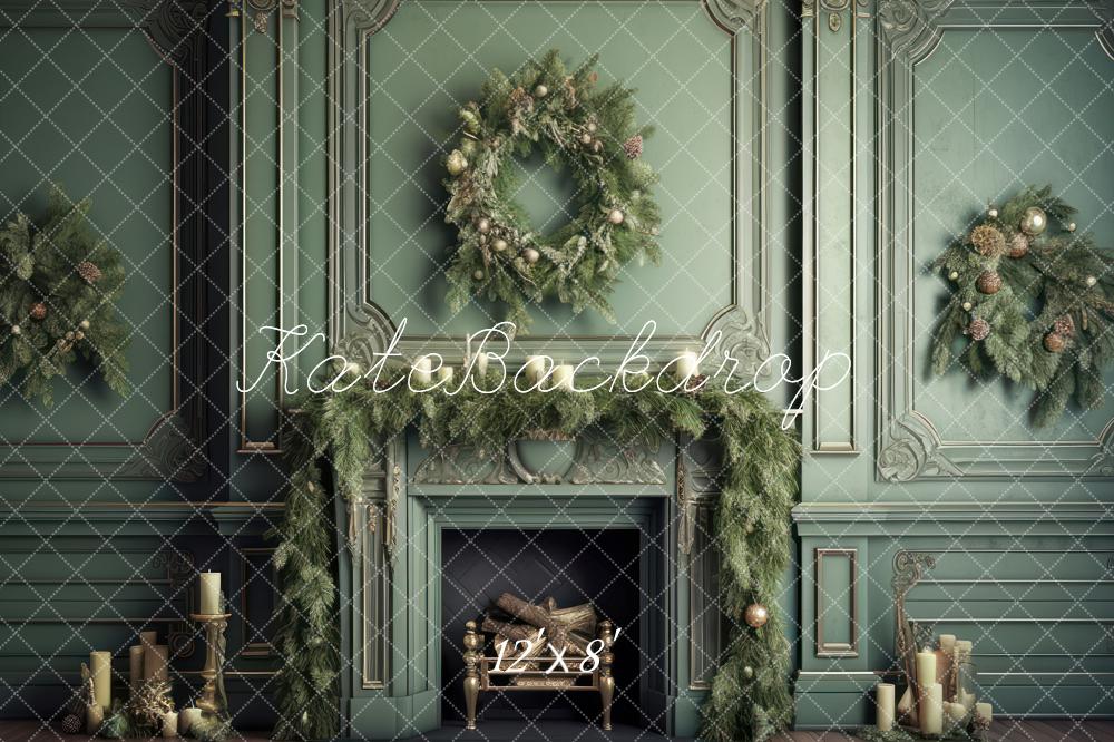Offres Éclair-Kate Vintage Noël Cheminée Vert Toile de fond en Laine conçue par Mandy Ringe - Kate Backdrop FR