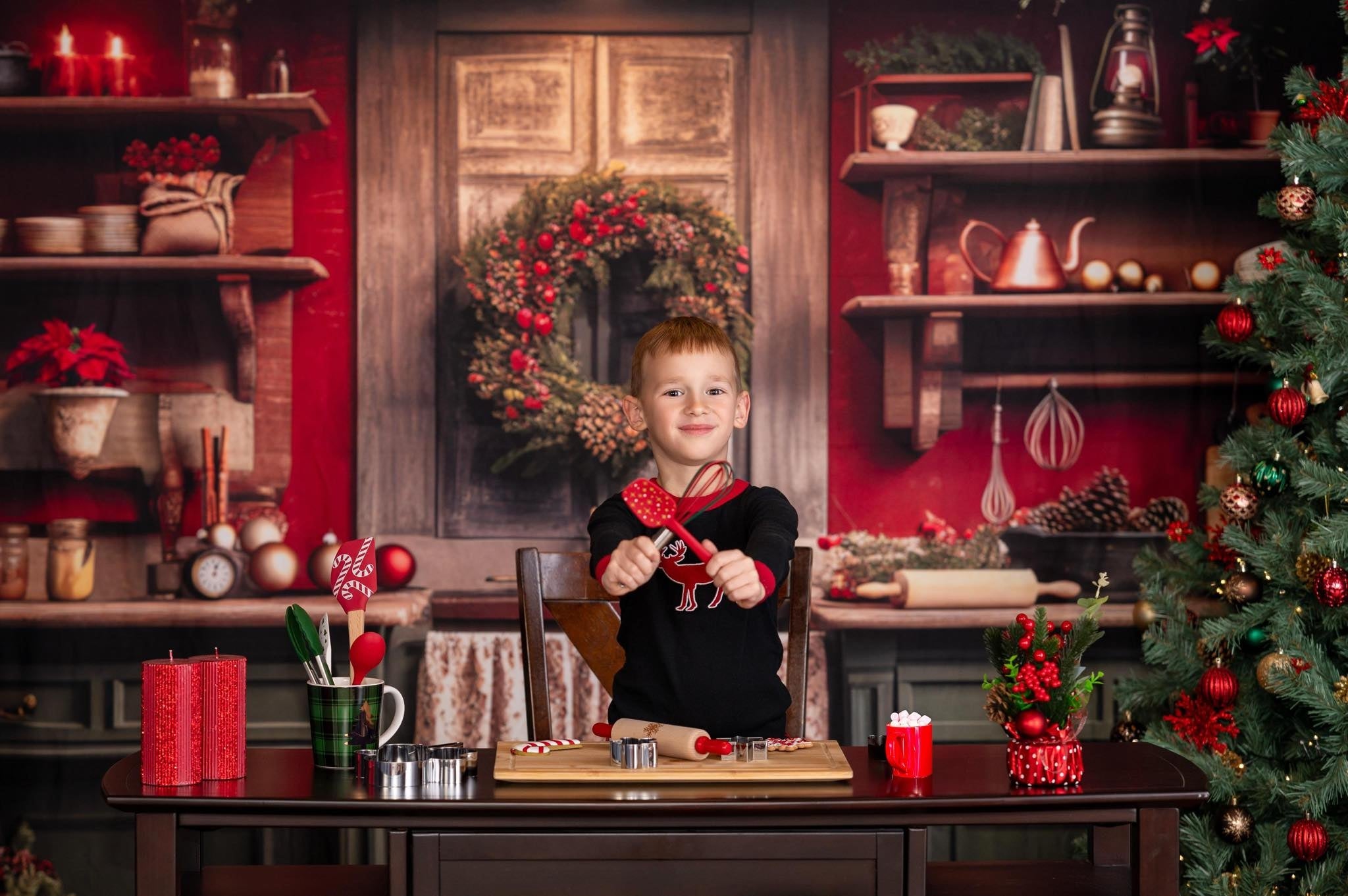 Kate Rouge Vert Noël Cuisine Toile de fond conçue par Mandy Ringe - Kate Backdrop FR